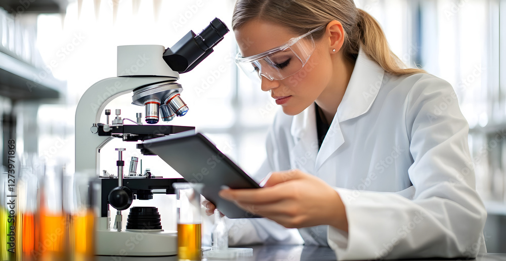 Wall mural scientist is looking through a microscope and taking notes