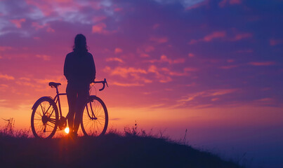 Obraz premium A silhouette of a woman with her bicycle standing on a hill during sunset. Beautiful tranquil background.