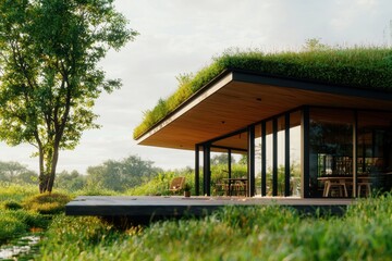 Modern eco friendly house with green roof blending into natural landscape tranquil setting sustainable architecture design and serene atmosphere