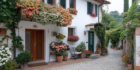 Obraz premium Charming cobblestone pathway adorned with vibrant blooms in a quaint Italian village during a serene spring morning. Generative AI
