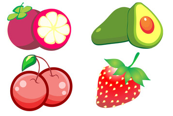 a set of fruit illustrations such as strawberries, passion fruit, lychee and pokat on a white background