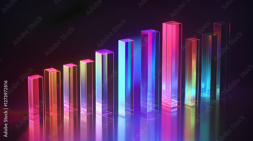 Poster glass holographic bar chart, graph or diagram render icon. rainbow crystal data analysis columns gra