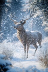 a stag standing gracefully in the midst of a snowy forest, with snowflakes gently falling around its elegant form