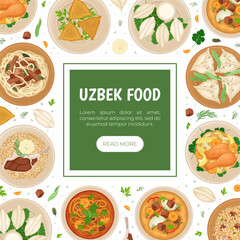 Uzbek Cuisine Dish and Meal Banner Design Vector Template