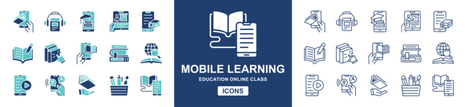 education mobile learning icon set school classroom online course study learning book signs vector line illustration for web and app