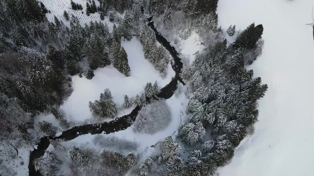 Aerial perspective of Gunzesrieder Tobel in deep winter, showing vast snowfields, frozen water surfaces, winding Gunzesrieder Ach, and pristine alpine surroundings.