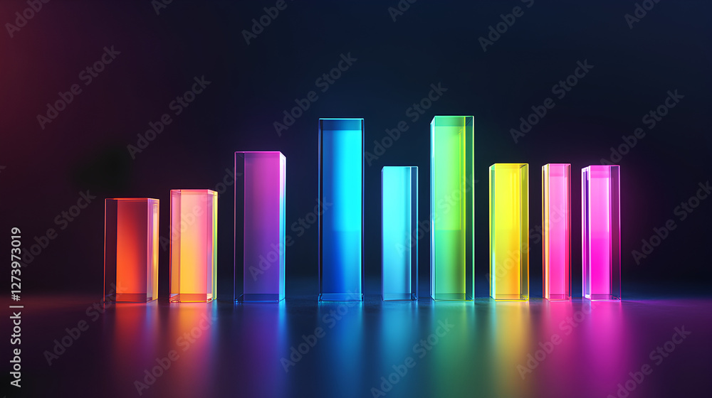 Poster glass holographic bar chart, graph or diagram render icon. rainbow crystal data analysis columns gra