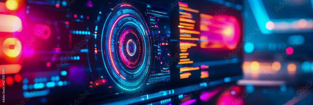 Poster futuristic interface: holographic data display with concentric circles, glowing text and neon accent