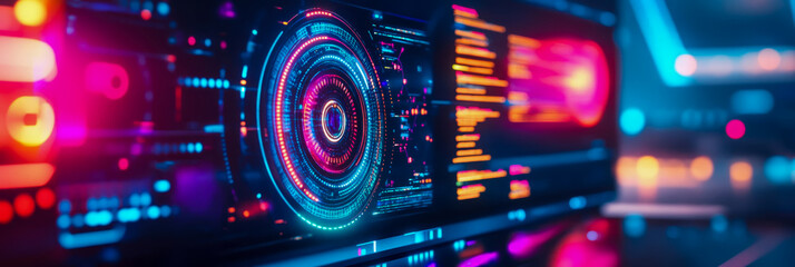 Obraz premium Futuristic Interface: Holographic Data Display with Concentric Circles, glowing text and neon accents