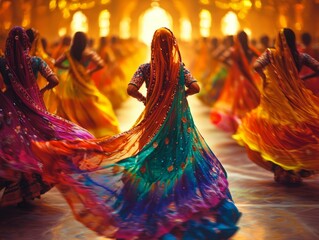 Women in colorful saris dance in a festive celebration.