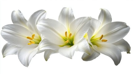 Naklejka premium Close Up of Three White Lily Blooms With Yellow Pistils on Transparent Background