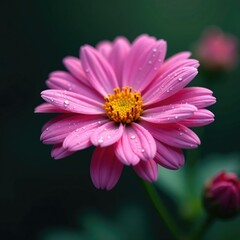 Obraz premium A single pink flower with intricate details on its petals and glistening droplets of dew, flora, macro photography