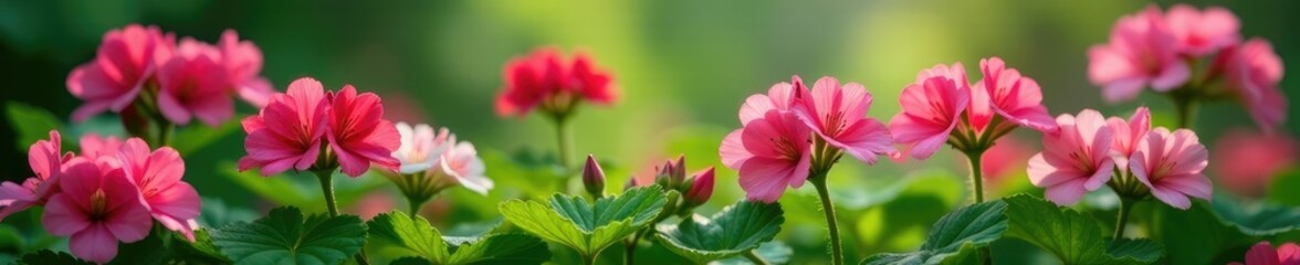 Blooming geranium flowers dance amidst green foliage, pink, flowers