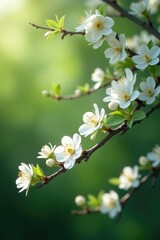 Blooming tree branches with delicate white flowers, garden, botanical, wildflower