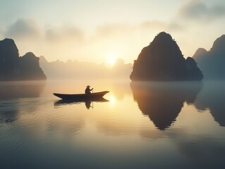 Solitary boat on calm waters with islands at sunrise. Serene scenic landscape.