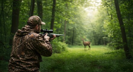 Hunter aiming rifle at deer in forest. Camouflaged man stalking prey in green woods. Wildlife hunting scene. Outdoor sport and nature conservation. Ethical hunting concept