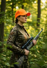 Naklejka premium Woman hunter in camouflage holding rifle in forest. Female in orange safety cap during hunting season. Outdoor recreation and sport shooting. Wildlife management concept