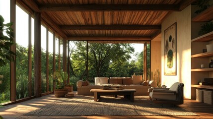 Fototapeta premium Cozy Modern Living Room with Natural Light and Greenery Views