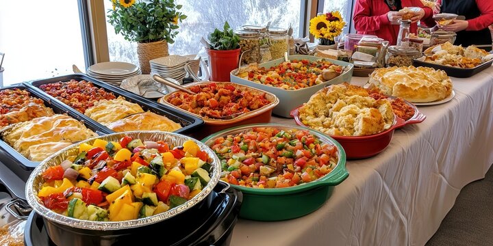 A lively potluck gathering with friends sharing dishes made from affordable, home-prepped ingredients