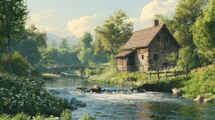 Obraz premium Serene Countryside Landscape with Rustic House and Flowing Stream
