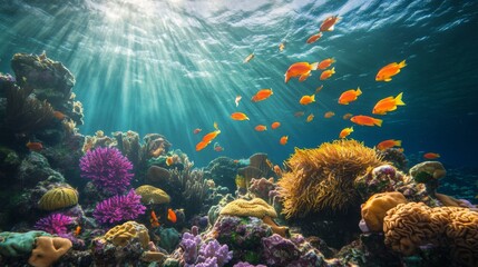 Naklejka premium Underwater coral reef, sunlight beams, colorful fish, vibrant marine life, for nature/travel/tourism