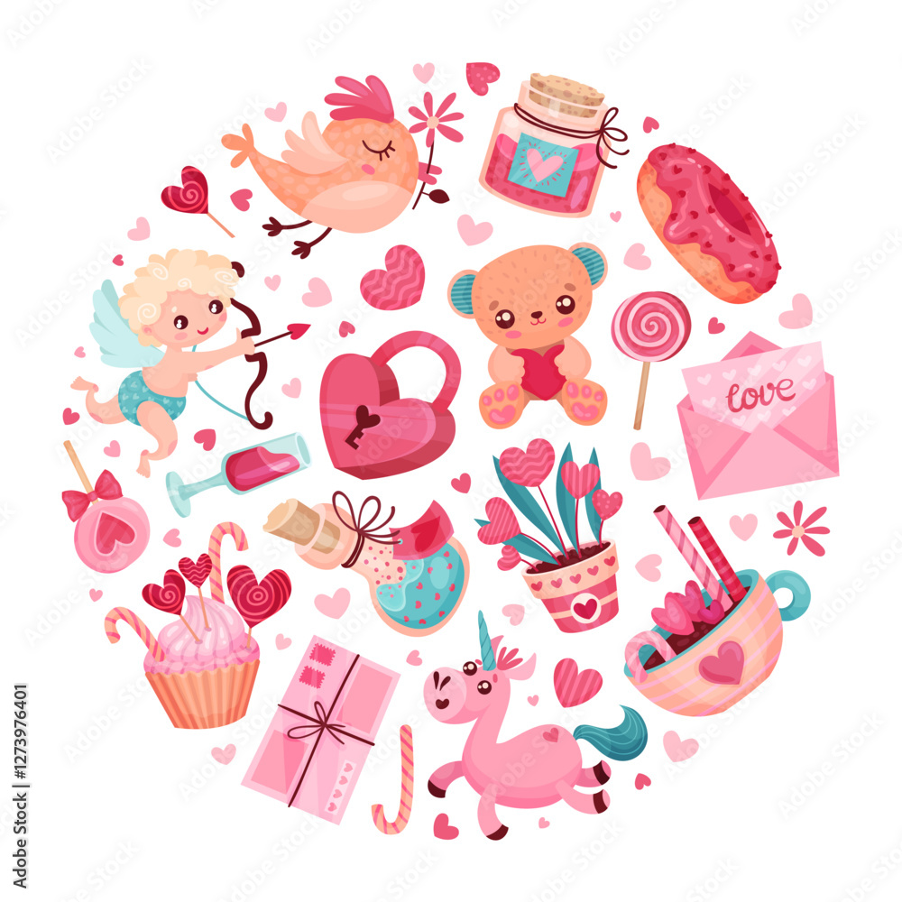 Poster valentines day symbol and attribute with heart round composition vector template