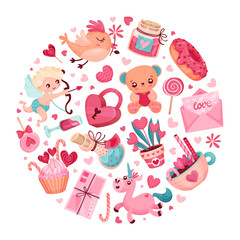 Valentines Day Symbol and Attribute with Heart Round Composition Vector Template