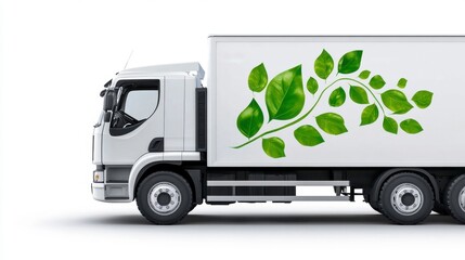 White Delivery Truck with Green Leaf Decoration Isolated on White Background