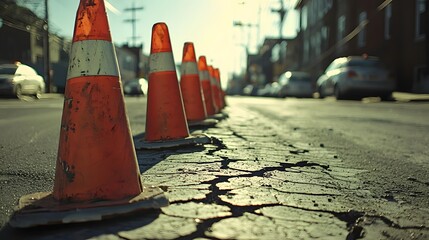 Traffic Removable Restriction, Randomly Placed Traffic Cones Casting Long Dramatic Shadows on Cracked Pavement