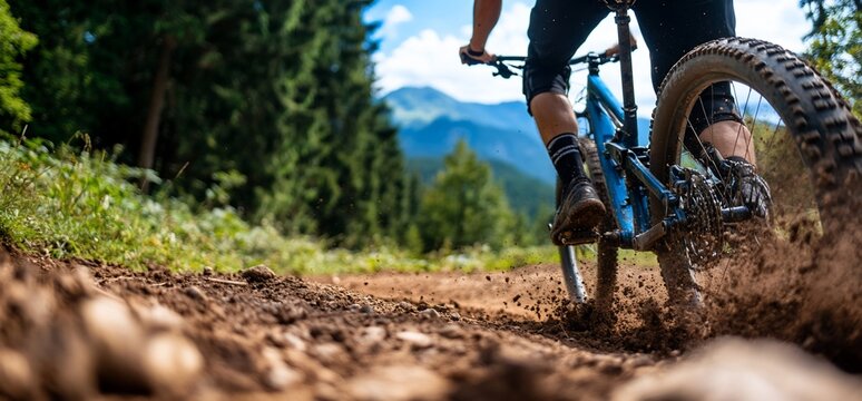 Mountain biker navigates a challenging trail with exhilarating speed