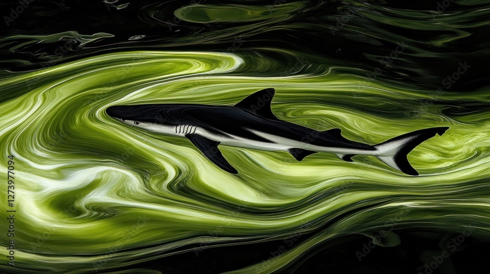 Poster A stylized shark swims through swirling green patterns, creating a dynamic visual effect.
