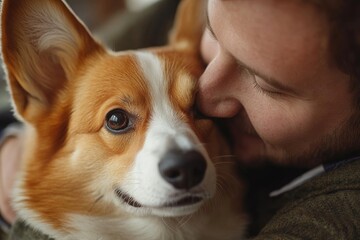 Friendly man veterinarian holding on hands and kissing cute pembroke welsh corgi dog during examination in the clinic, closeup shot