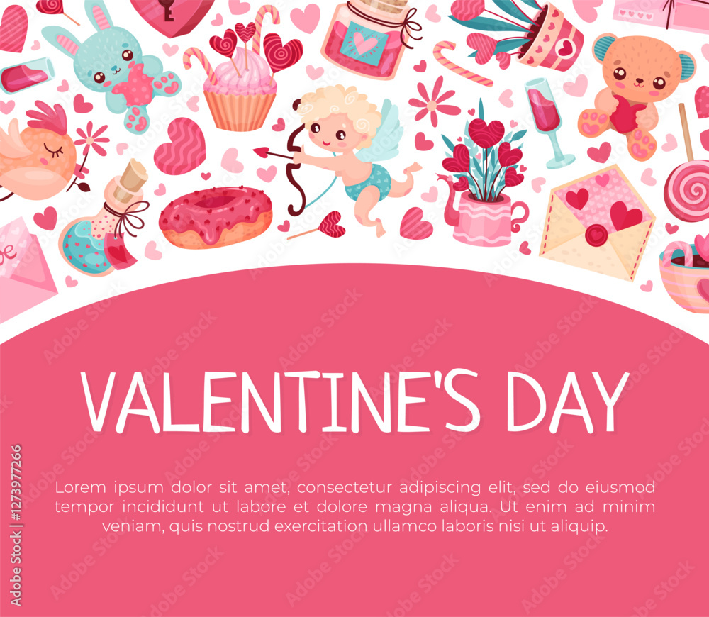 Aufkleber valentines day symbol and attribute with heart banner design vector template