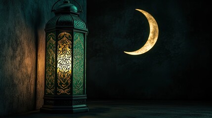 A lantern in shades of emerald green with gold engraved patterns
