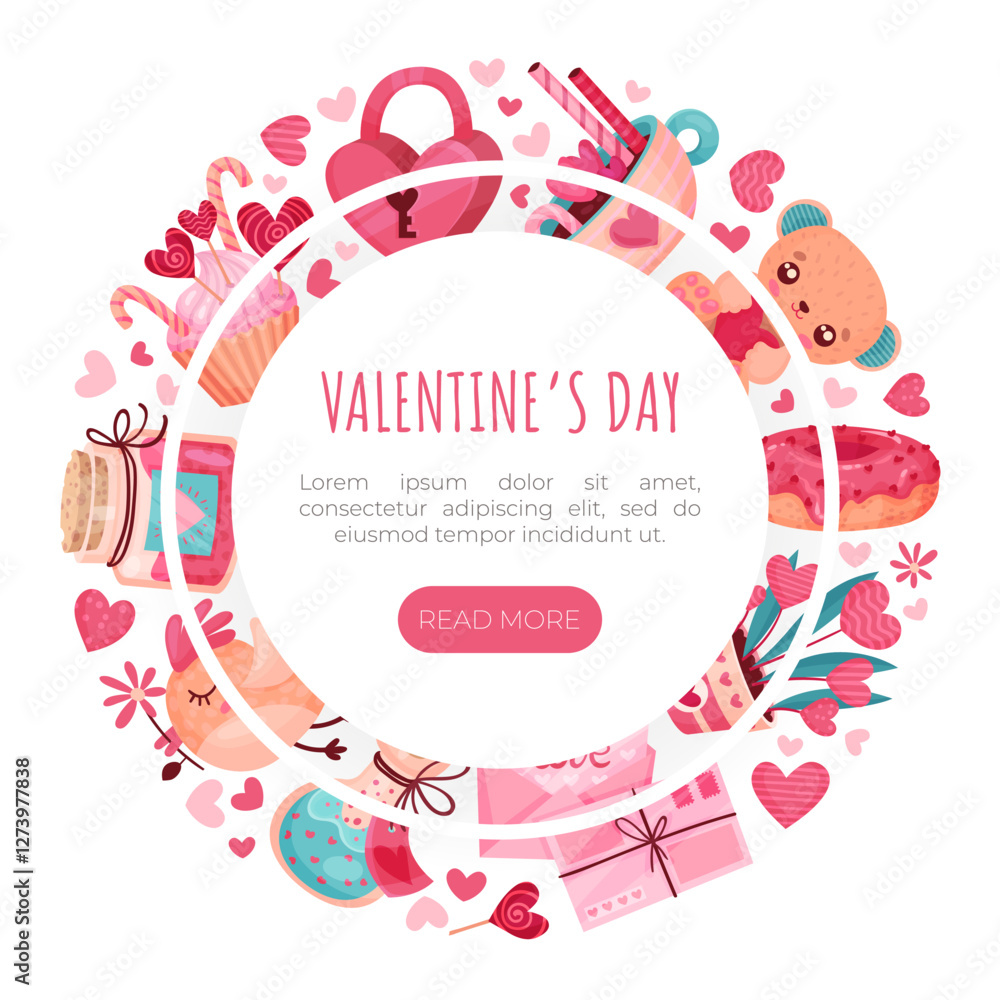 Poster valentines day symbol and attribute with heart banner design vector template