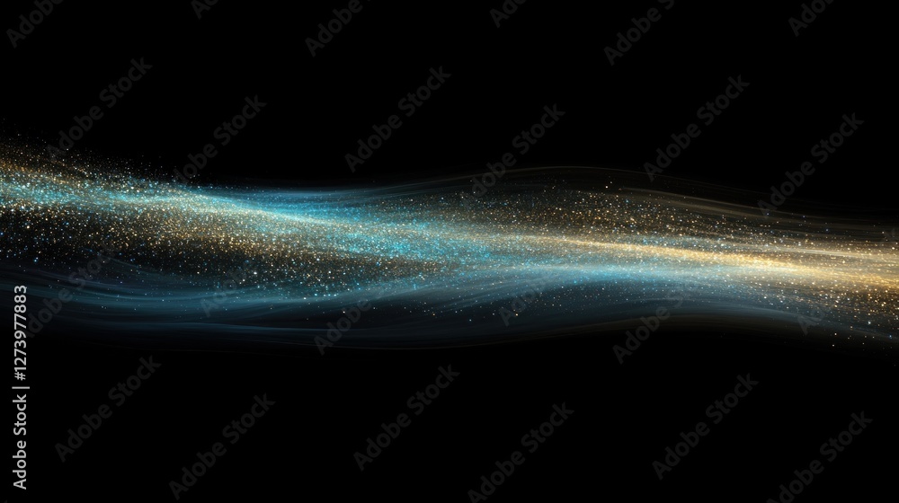 Poster a flowing wave of light with sparkling particles on a dark background.