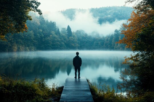 Silhouette of a man standing on a wooden dock overlooking a misty lake