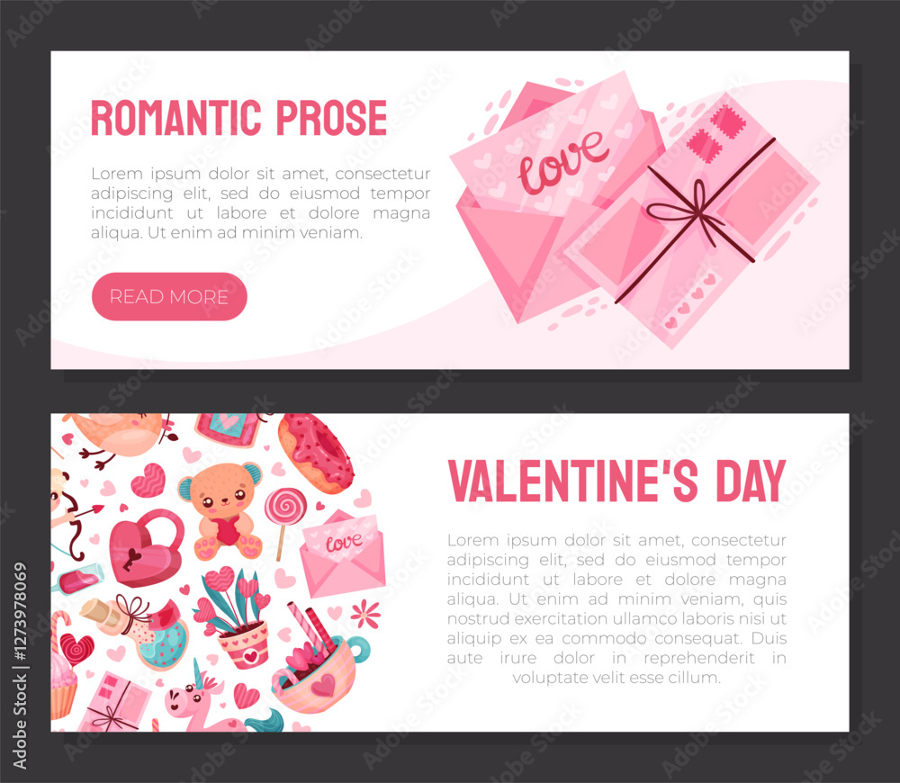 Poster valentines day symbol and attribute with heart banner design vector template