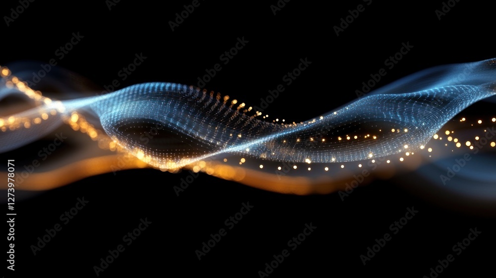 Poster abstract wave pattern with glowing particles in blue and orange on a black background.