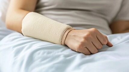 Fototapeta premium Person with a Bandaged Arm Resting on a Bed Under Soft Light, Representing Recovery and Care