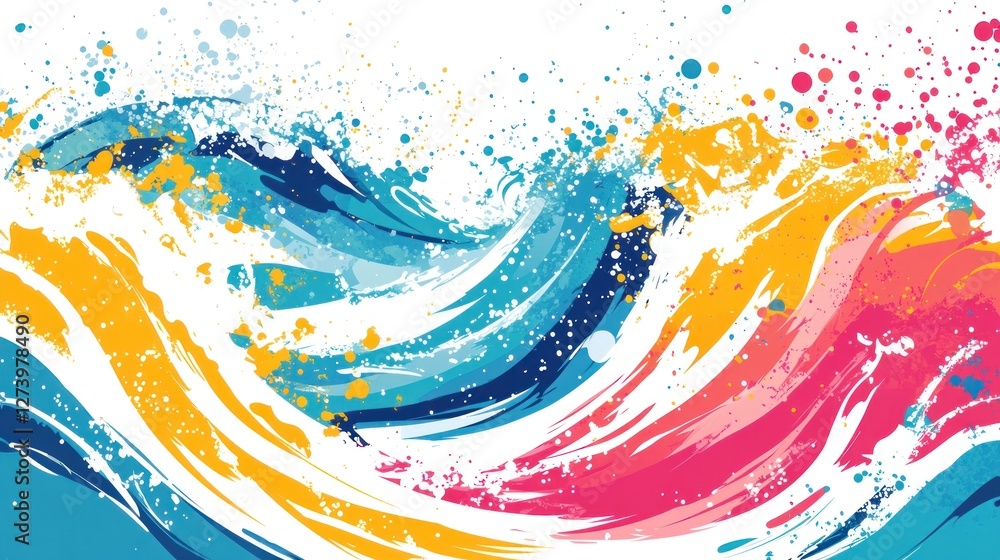 Poster abstract waves in vibrant colors with splashes and swirls.