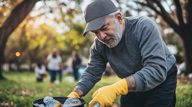 Senior Elderly Man Collecting Plastic Bottles in Park with Other Volunteers, Environmental Cleanup, Garbage, Rubbish and Waste Removal, Community Sustainability Effort.