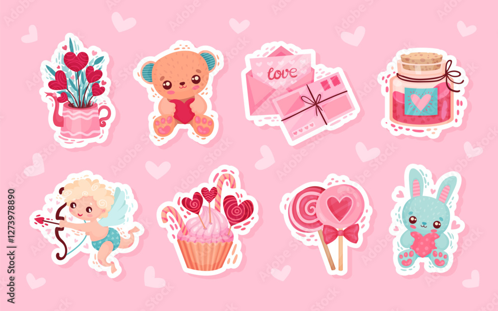 Poster valentines day symbol and attribute with heart sticker vector set
