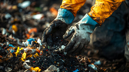 Workers engage in waste management process at a recycling facility during daylight hours