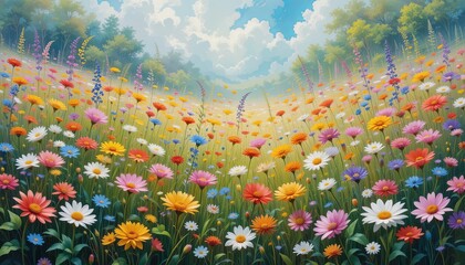 Vibrant wildflower bloom meadow nature scene sunny day wide angle beauty