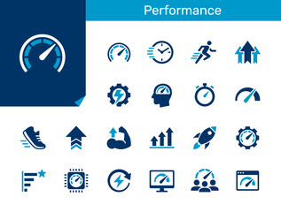 Performance flat icon collection for speed, productivity, energy and growth concept
