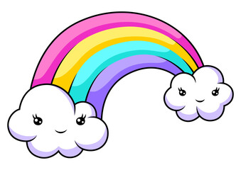 Illustration of cute kawaii rainbow with clouds. Funny seasonal child illustration.