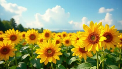 Obraz premium sunflower field with yellow and orange roses blooming, orange, garden