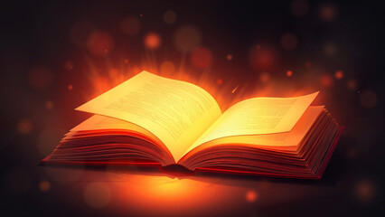 Open book with glowing pages radiating light in a magical atmosphere