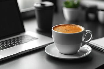 Coffee break during work session White mug filled with black coffee sits on the desk near the laptop Perfect relaxation with caffeine